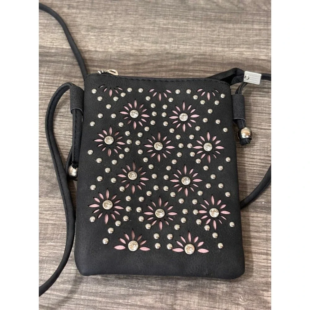 American Bling Black Studded Rhinestone Floral Laser Cut Crossbody Phone Bag